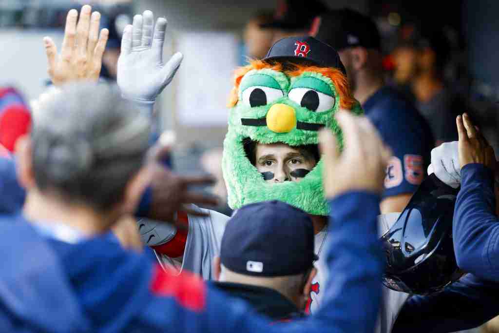 Jun 16, 2025; Seattle, Washington, USA; Boston Red Sox right fielder Roman Anthony (19) celebrates in the dugout after hitting a solo-home run against the Seattle Mariners during the first inning at T-Mobile Park. Mandatory Credit: Joe Nicholson-Imagn Images