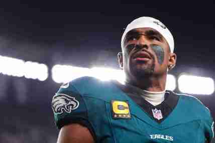 Sep 4, 2025; Philadelphia, Pennsylvania, USA; Philadelphia Eagles quarterback Jalen Hurts (1) reacts before kick of against the Dallas Cowboys at Lincoln Financial Field. Mandatory Credit: Bill Streicher-Imagn Images