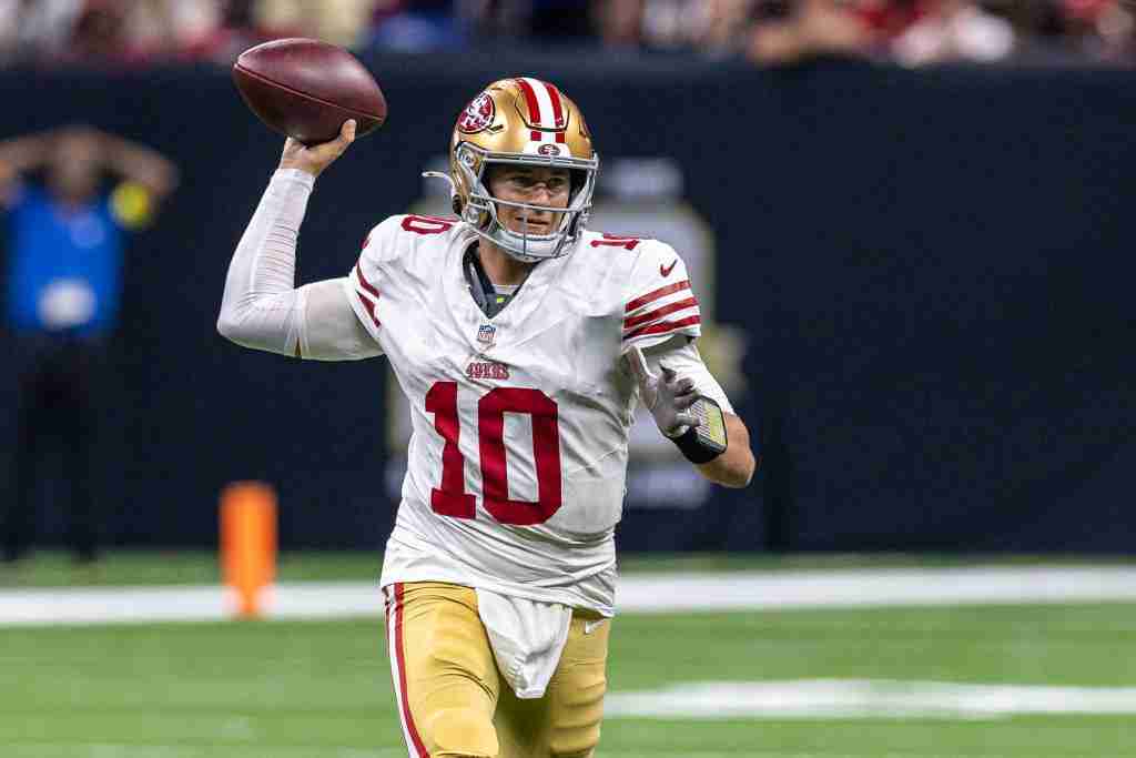 Sep 14, 2025; New Orleans, Louisiana, USA; San Francisco 49ers quarterback Mac Jones (10) passes against the New Orleans Saints during the second half at Caesars Superdome. Mandatory Credit: Stephen Lew-Imagn Images