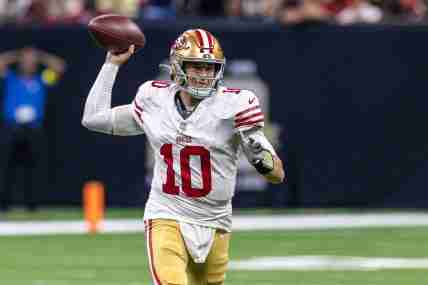 Sep 14, 2025; New Orleans, Louisiana, USA; San Francisco 49ers quarterback Mac Jones (10) passes against the New Orleans Saints during the second half at Caesars Superdome. Mandatory Credit: Stephen Lew-Imagn Images