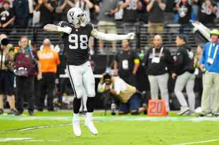 Oct 12, 2025; Paradise, Nevada, USA; Las Vegas Raiders defensive end Maxx Crosby (98) reacts after a play during the second half against the Tennessee Titans at Allegiant Stadium. Mandatory Credit: Stephen R. Sylvanie-Imagn Images
