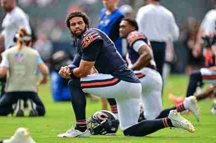 Aug 17, 2024; Chicago, Illinois, USA; Chicago Bears quarterback Caleb Williams (18) warms up before the game against the Cincinnati Bengals at Soldier Field. Mandatory Credit: Daniel Bartel-USA TODAY Sports