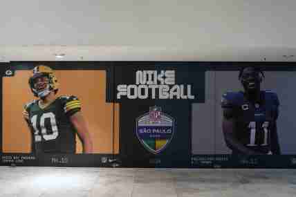 Sep 5, 2024; Sao Paolo, Brazil; A Nike advertisement featuring Green Bay Packers quarterback Jordan Love (10) and Philadelphia Eagles wide receiver A.J. Brown (11) at the Neo Química Arena. Mandatory Credit: Kirby Lee-Imagn Images