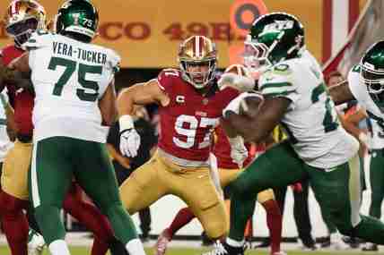 Sep 9, 2024; Santa Clara, California, USA; San Francisco 49ers defensive end Nick Bosa (97) pursues a New York Jets opponent in the fourth quarter at Levi's Stadium. Mandatory Credit: David Gonzales-Imagn Images
