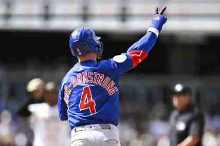 Apr 16, 2025; San Diego, California, USA; Chicago Cubs center fielder Pete Crow-Armstrong (4) rounds the bases after hitting a solo home run during the eighth inning against the San Diego Padres at Petco Park. Mandatory Credit: Denis Poroy-Imagn Images